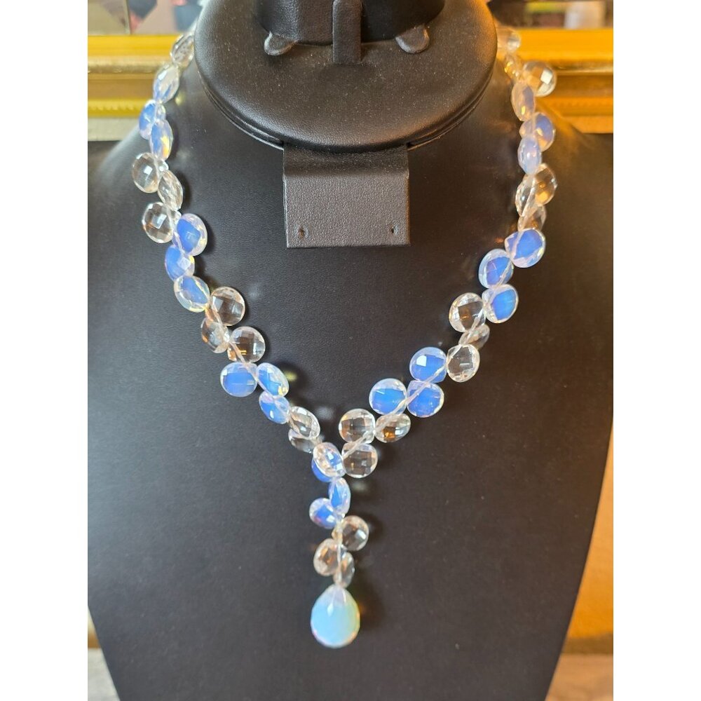 Vintage 925 Sterling Silver Faceted Opalite Teardrop Pendant Toggle Clasp‎